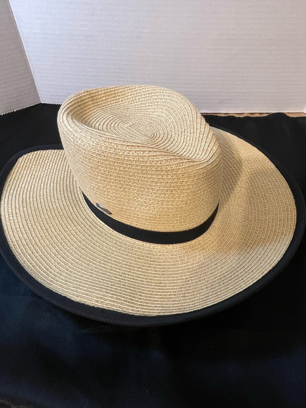 Karen Keith Wide-Brim Straw Sun Hat with Black Trim